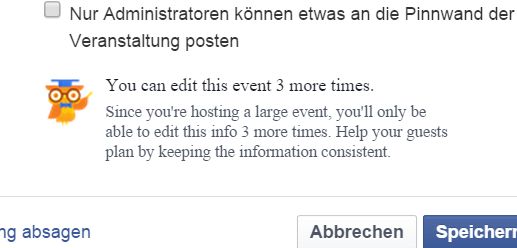 Facebook warnt vor zu häufigem Editieren der Veranstaltung
